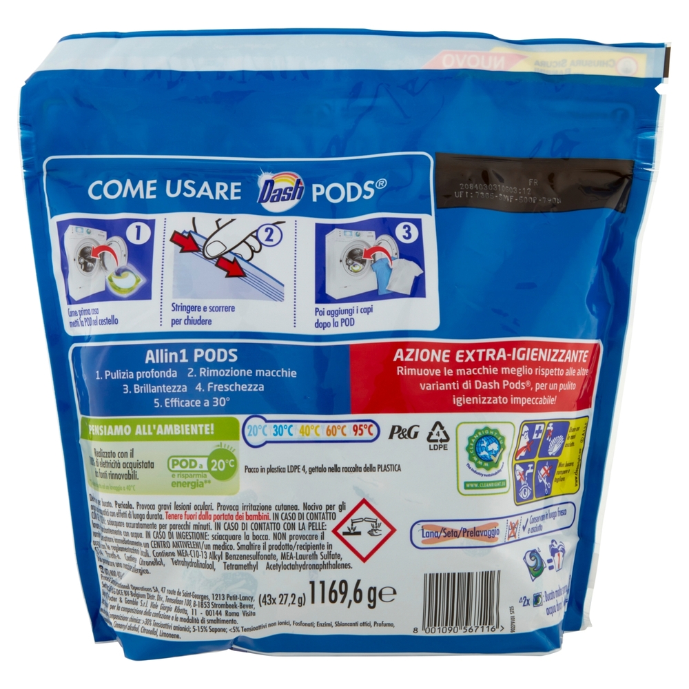 Dash PODS Allin1 Detersivo Lavatrice Capsule Bucato + Azione Extra-Igienizzante 43 Lavaggi 1169,6 g